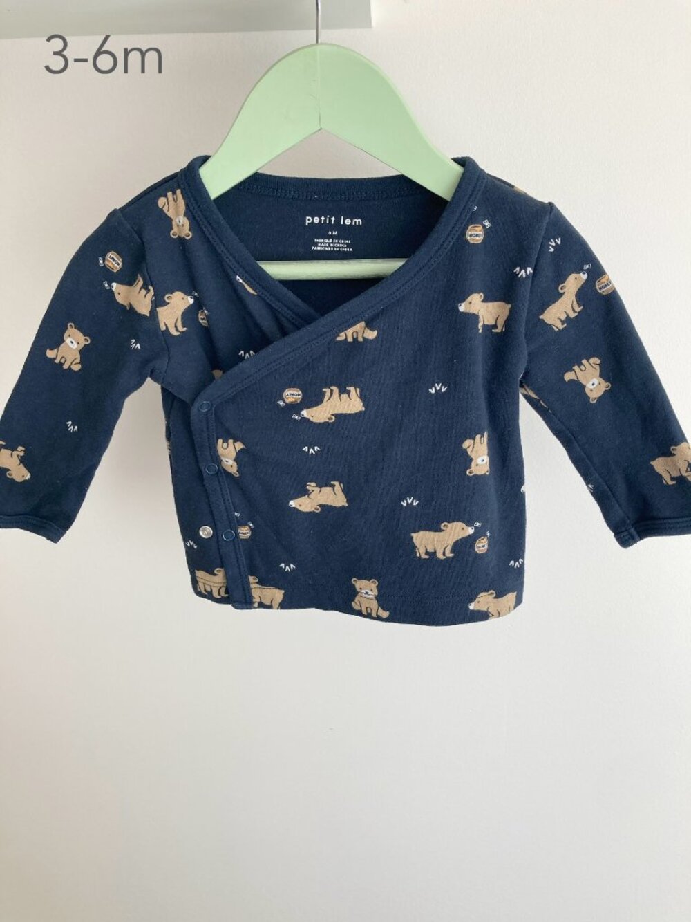 🪴5/$30 Petit Lem 3-6 Months Baby Navy Blue Bear Kimono Wrap Long Sleeve Top